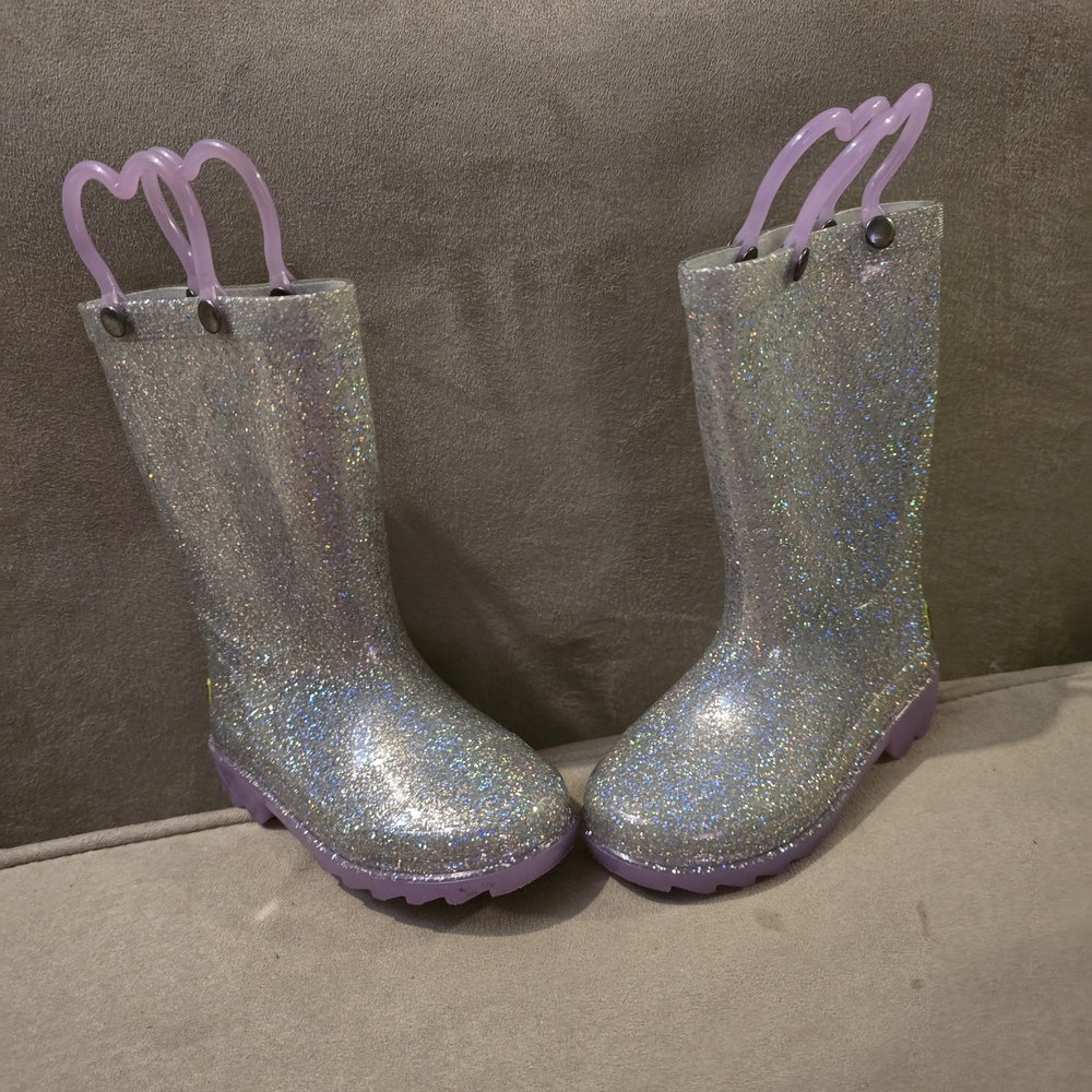 Sparkly Silver Glitter Rain Boots with Lavender Handles